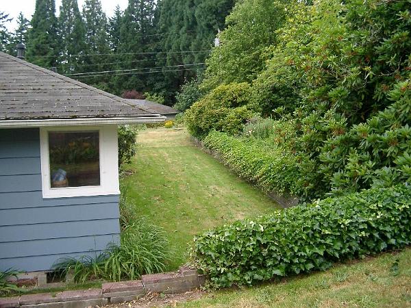House 4.03 00014.JPG - Northwest corner looking south - after some of the English Ivy has been removed from old cinderblock retaining walls.  The rainwater storage tanks go into this side yard.